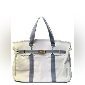 Boatkin Canvas Tote Bag Cream & Gray Large Structured Shopper Gold Hardware New